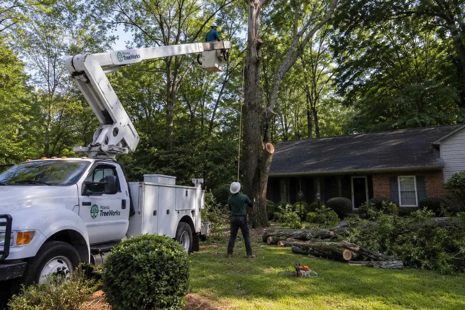 Tree crew using ropes to lower a large limb beside a historic Richmond home