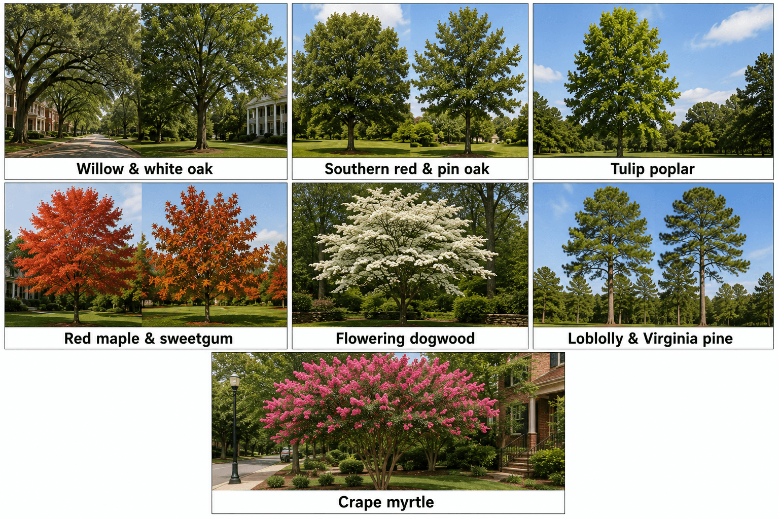 Leaf and bark details from oak, tulip poplar, maple, and dogwood trees in Richmond